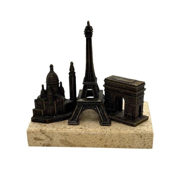 Paris Souvenir Eiffel Tower Figurine Marble Base Arc de Triomphe Le Sacre Coeur - Picture 1 of 8